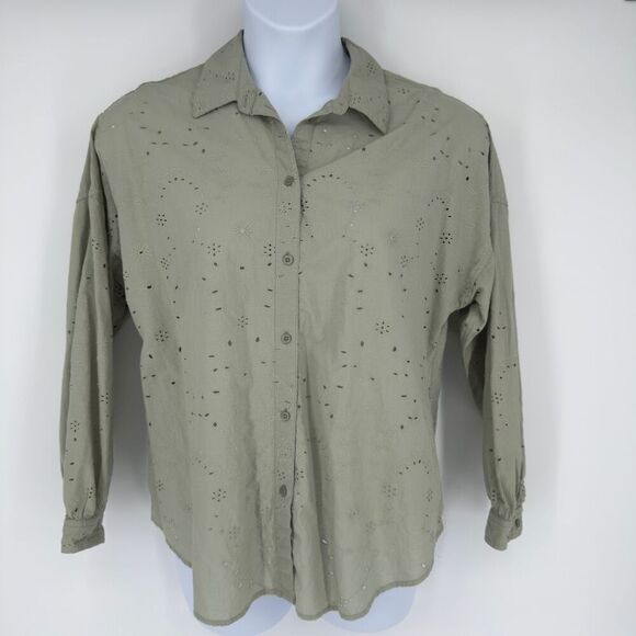 M&S Sage Green Eyelet Embroidered Button-Up Shirt Blouse 14 Cottagecore Timeless - Picture 2 of 9